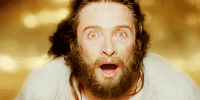 Hugh Jackman looking pretty blown away, as if white hot knowledge is searing his soul
