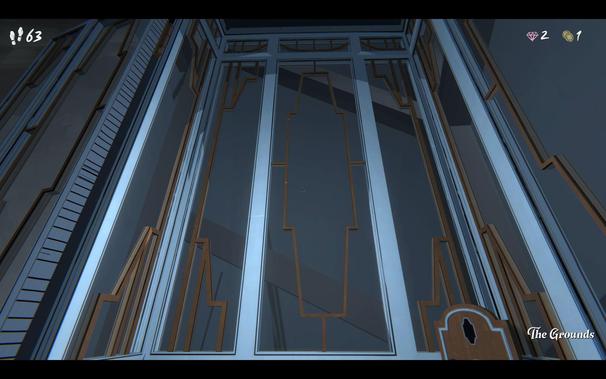 Within what looks like windows onto a wall is the brass outline of an odd polygonal shape. A dark feature on a panel beside the window has the exact same shape.