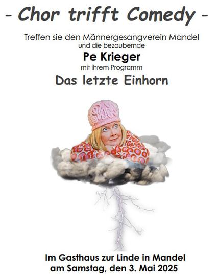 Flyer: Pe Krieger auf einer Gewitterwolke mit verschränkten Armen und veträumt in die Luft blickend wie ein Engel. auf dem Hemd rosa ornage Kringel und ein Strickhirn auf dem Kopf. Darüber steht: Chor trifft Comedy.