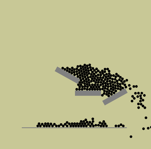 another pymunk 2D physics interactive sketch capture with small black balls and some rotated gray rectangles