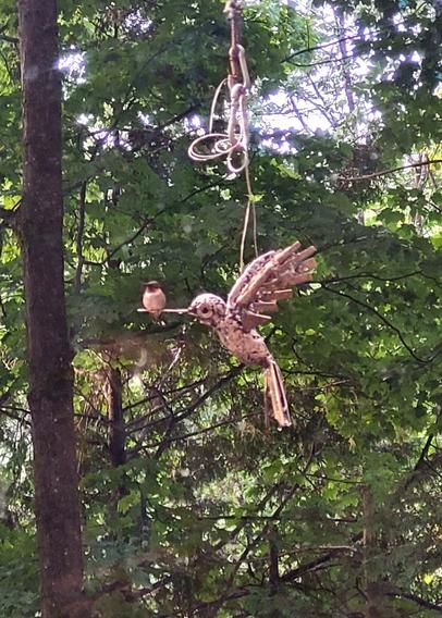 Sur la photo un colibri en acier est suspendu dehors, c'est l'été et un vrai colibri mâle est perché dessus !