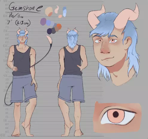A character reffrence sheet 
<<Gemstone (Underlined
He/Him
7" (213 cm)>> 

His colour swatches are cool greys and a few orenges (like his tan skin compared to his pale blue hair), he has fleshy pink horns, eyes, and the tip of his tail. (Tail length is = to his hight)
The sheet has; two full body hots, one front the other flipped to be the back. A head shot. And a close up on the eye.
