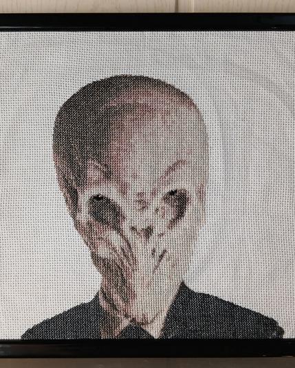 Photo d'un point de croix dont le thème est la série Doctor Who.
Il représente un extraterrestre humanoïde dans un costard (Oui alors je fais ce que je peux pour la description mais avec Doctor Who il vaut mieux éviter de se poser trop de questions). Sa tête est allongée avec le crâne assez gros. Ses orbites sont très creuses et larges mais il a des yeux de tailles humaines.
Il n'a pas de nez, plutôt une cavité, et pas de bouche non plus.
Il est donc habillé avec ce qui ressemble à un costard, avec petite chemise blanche dont le col dépasse, parce que la série est anglaise donc l'élégance est de mise, vous comprenez! 

Le point de croix ne représente que la tête et le haut des épaules. Le fond est blanc.