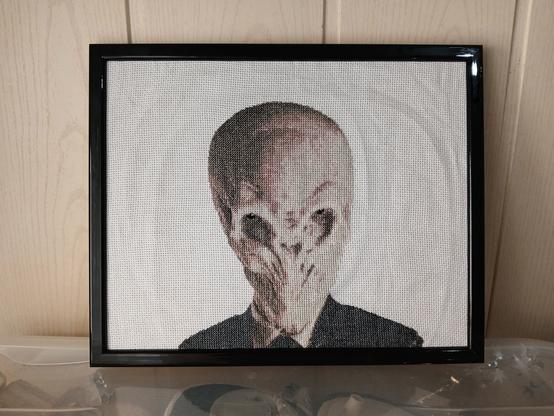 Photo d'un point de croix dont le thème est la série Doctor Who.

Le cadre est posé sur un bac transparent où l'on aperçoit des décorations de Noël. Pour bien montrer que je suis une nullité quand il faut mettre mes créations en avant. Heureusement que je les vends pas!

Il représente un extraterrestre humanoïde dans un costard (Oui alors je fais ce que je peux pour la description mais avec Doctor Who il vaut mieux éviter de se poser trop de questions). Sa tête est allongée avec le crâne assez gros. Ses orbites sont très creuses et larges mais il a des yeux de tailles humaines.
Il n'a pas de nez, plutôt une cavité, et pas de bouche non plus.
Il est donc habillé avec ce qui ressemble à un costard, avec petite chemise blanche dont le col dépasse, parce que la série est anglaise donc l'élégance est de mise, vous comprenez! 

Le point de croix ne représente que la tête et le haut des épaules. Le fond est blanc.