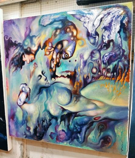an abstract painting,  psychedelic, a feminine figure on her side with her eyes closed, swirling areas and mineral-like areas behind her, lots of teal and purple and gold