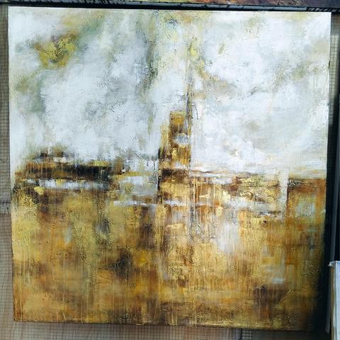 a painting, it is an abstract impressionist painting of a city skyline, a tall cathedral building dominating the center, the sky cloudy white and light gold