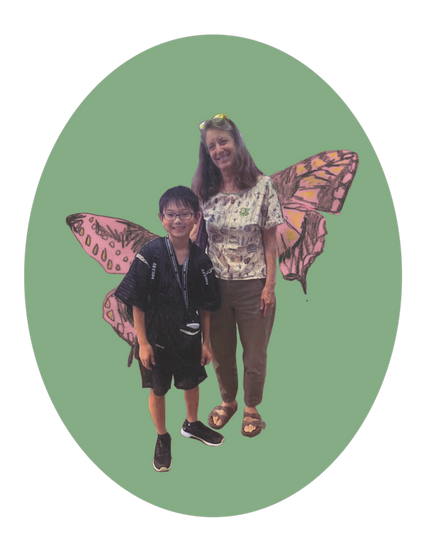 Cut-out of Martha Rosenthal, a middle-aged white woman, with Jo Nagai, a young Japanese boy, against a green background. Childlike drawings of butterfly wings, pink and black and yellow, are shown behind them.