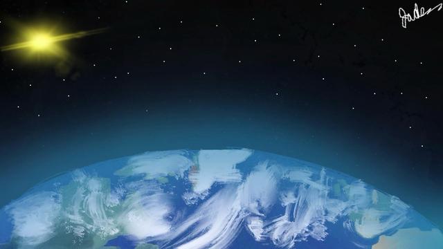 Drawing/art made by me, meant to represent Earth for Earth Day and a message of the importance of Earth and its current state.

Earth is sitting below, with the North of North America, Greenland, the tippiest top of Africa, and Western Europe visible but covered with swirls of clouds. There is a blue glow depicting the Earth's atmosphere and the blue colour of the water below. The sun (colour is not accurate, apologies) is beaming brightly above in space, with numerous stars visible throughout. My signature is on the top right.