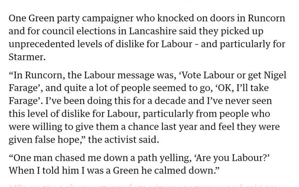 Screenshot of text: "the Labour message was, ‘Vote Labour or get Nigel Farage’, and quite a lot of people seemed to go, ‘OK, I’ll take Farage’. "