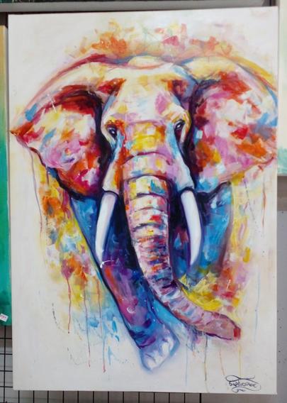 an  impressionist painting of an elephant running towards the viewer, a white background, splatter and drip effects on it