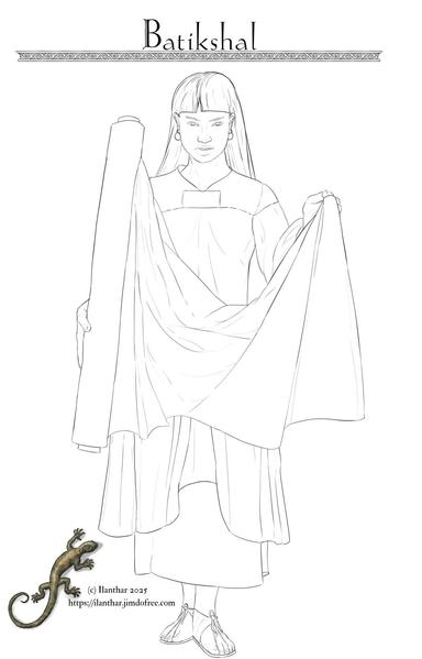 Dessin au trait en cours d'une femme tisserande ou commerçante en tissus et de culture batikshal (imaginaire).