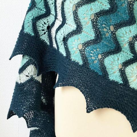 Close-up of a shawl in various teals, forming a gradient. It has wavy lace patterning, and a border in garter stitch. It appears draped over a mannequin, against a white background.
