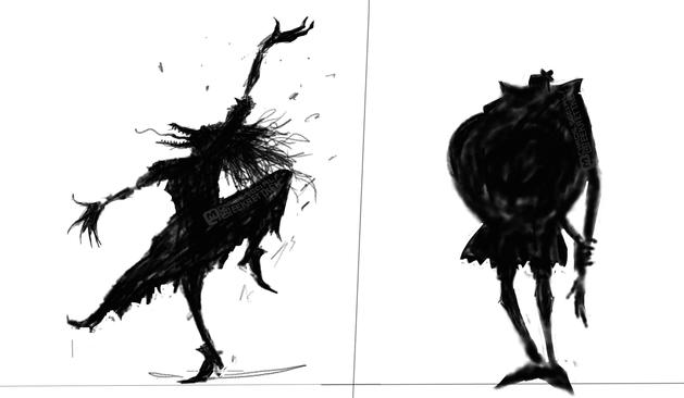 Sketches of two persons, black on white, only the silhouettes.

person on the left throws his arms around, has a toothy beak from which a long tongue snaps out. long hair, wears a dress and heeled shoes.

person on the right has a big belly, a small head with a small hat, arms crossed behind his back, wears a kind of short skirt.