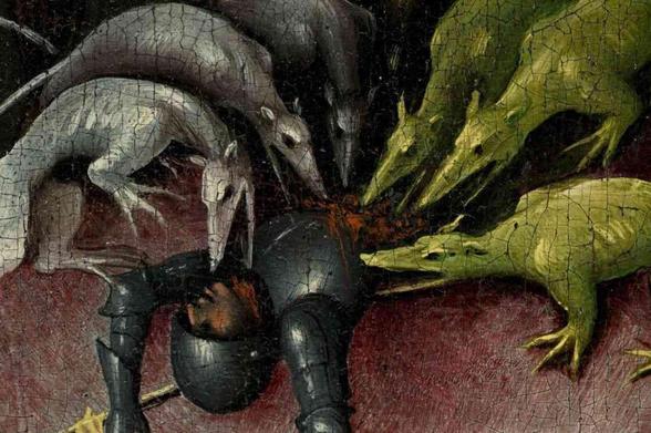 A fallen, armored knight is surrounded and attacked by multiple monstrous creatures.