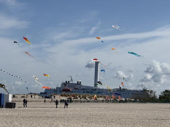 A sandy beach scene with people flying colorful kites under a partly cloudy sky. In the background, a large ship is visible, surrounded by dunes and greenery.