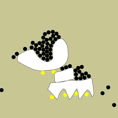 more pymunk 2D physics simulations with small balls and on this one some white polygons and yellow fixed balls holding the polygons against gravity.
