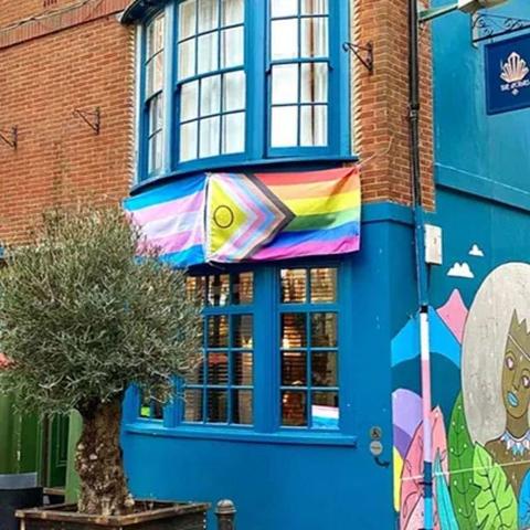 The picture shows a blue building with two pride flags hanging above the window: the trans flag and the Progress Pride flag