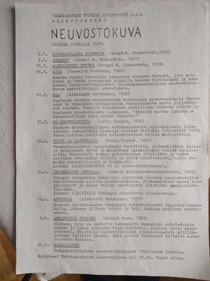 Valkeakosken työväen sivistystyö r.y:n elokuvakerhon esittämä Neuvostokuva-sarja, ohjelma keväällä 1975: sisältää elokuvat Panssarilaiva Potemkin, Lokakuu, Aleksanteri Nevski, Äiti, Maa, Me Kronstadista, Tyttö ja hatturasia, Ensimmäinen opettaja, Aerograd, Arkipäivän fasismi ja Kansalainen sekä kuvaukset näistä.