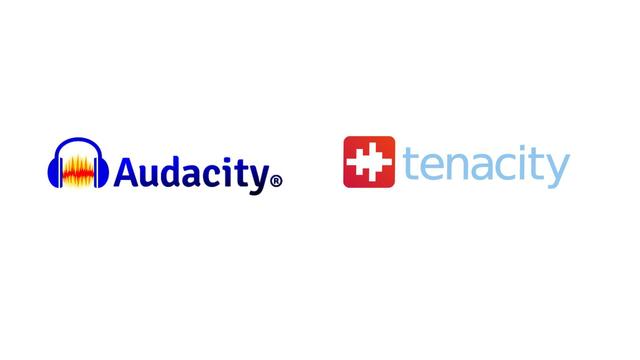 The Audacity logo next to the Tenacity logo on a white background.