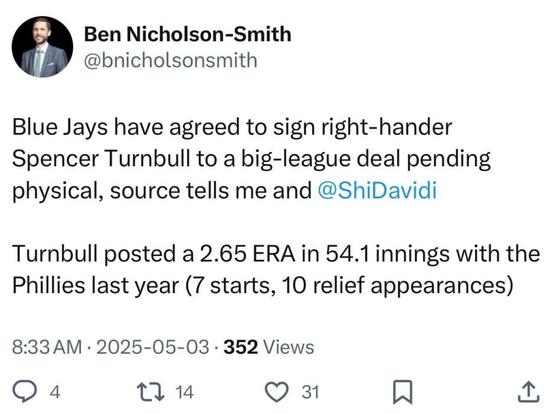 Ben Nicholson-Smith: Blue Jays have agreed to sign right-hander Spencer Turnbull to a big-league deal pending physical, source tells me and @ShiDavidi