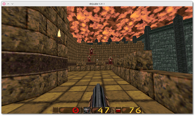 🕶️ The FPS Quake 1 running with the vkQuake engine, the screenshot showing the player armed with a gun in a dark room

📚️ Quake 1 is a FPS (1996) in which the player is the ultimate survivor of a commando sent to a military base where researchers have developed a teleportation prototype that has been corrupted by Quake, a demon who tries to use it to invade the Earth with his hordes of monsters. VkQuake is a libre, multi-platform QuakeSpasm engine running on the Vulkan API, offering much better performance, higher frequencies than 72 Hz without breaking physics, multi-threaded loading, support for 2021 re-release data, underwater effect for dives, dynamic shadows, improved colour accuracy, 8-bit colour emulation, scaling, anti-aliasing, anisotropic filtering, scriptable particles, custom HUDs, and a menu to make loading mods easier. It is also designed as a port, as faithful to the original as possible, compatible with all mods that run on QuakeSpasm like In The Shadows or Arcane Dimensions.
