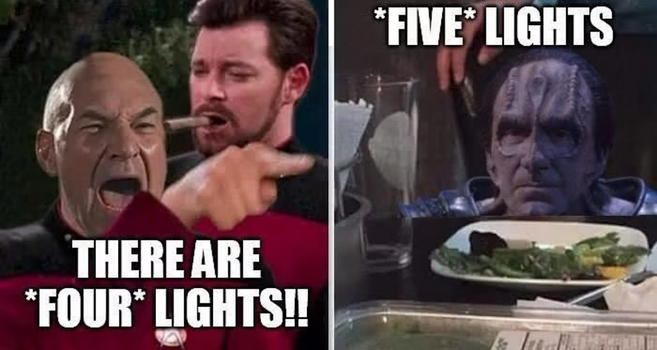 The image is a meme divided into two sections. On the left, a person in a red uniform is pointing and shouting, with the text "THERE ARE FOUR LIGHTS!!" displayed at the bottom. On the right, a character with blue skin is sitting at a table with a plate of food, and the text "FIVE LIGHTS" is at the top. The character appears to be calmly responding to the person on the left. The background of the left section is dark, while the right section shows a dining setting with a glass and a plate of vegetables.