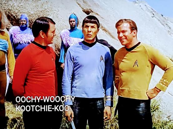 Scene from Star Trek The Original Series. 
Ok we're outside on a Earth like but not Earth planet, rockwalls and shrub type stuff. In the background are 2 guard fellas who look absolutely ridiculous, but in a fun preposterous way. They have a sideways across the chest and down from the shoulder bands of purple fur meant to look like some kind of uniform, over a blue long sleeveed undershirt that also connects up top over their head like a swim cap. Also long poneytails. Up front and center is Scotty, Spock, and Kirk in their red/blue/gold uniforms. Spock looks befuddled, and Kirk is smiling happily. Closed caption reads, "OOCH-WOOCHY KOOTCHIE-KOO"