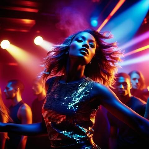 Dance music art: dark skinned woman wearing a shiny gold sleeveless top, with medium long streaky pink hair, flowing behind her as she dances, in a red-lit club, with a few people in the background