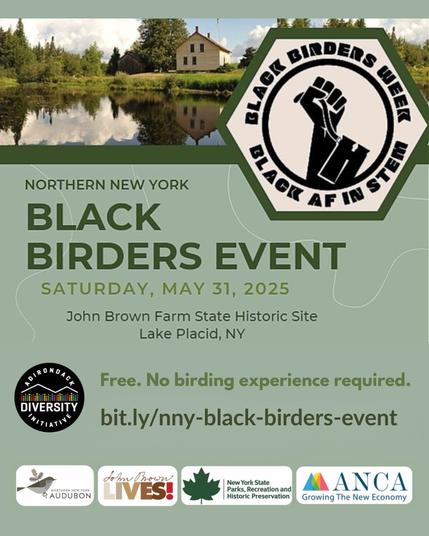 A promotional poster for the "Black Birders Event" in Northern New York, scheduled for May 31, 2025, at John Brown Farm State Historic Site in Lake Placid. No birding experience necessary for this free event. Link is included in post description for more details. Flyer also includes logos for Black AF in Stem and for the hosts and sponsors of the event.