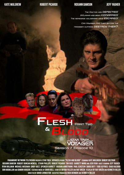 I poster for Star Trek Voyager episode Flesh and Blood Part 2, featuring Iden, a Bajoran hologram, preparing to shoot something. Behind him, in the shadows is the EMH pointing a rifle at him. In the lower left quadrant of the poster is a ship hidden in gaseous nebula.