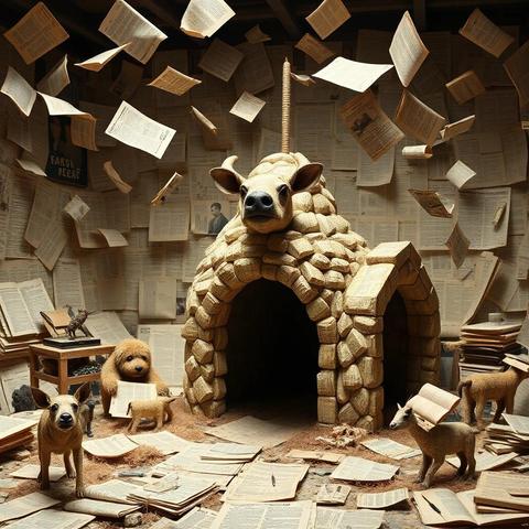 Image with seed 2230294752 generated via Stable Diffusion through @stablehorde@sigmoid.social. Prompt: a Dada World. Build by animals out of real. Many writings and manifestos in the background. Old newspapers flying around.