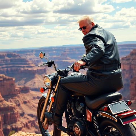 Image with seed 2492325574 generated via Stable Diffusion through @stablehorde@sigmoid.social. Prompt: the president of the United States in an evil knevil jumpsuit shooting over the Grand Canyon on a Harley Davidson