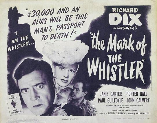 Superimposed images of a man's shocked face, a woman's determined face, two men struggling; in the background the stylised figure of a person in a fedora.

Poster for the 1944 movie “The Mark of the Whistler” starring  Richard Dix, Janis Carter.