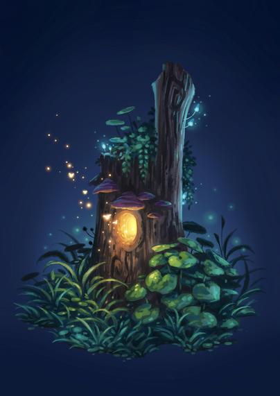 A digital painting of a tree stump on a dark blue background, a warm glow emanating from a round opening in its front, tiny fairies, mere orbs of light, flying out of it. Lush greenery surrounds the tree stump’s base and grows on its top. Shelf like, purple mushrooms grow above the glowing opening, and tiny, luminescent blue ones on several spots on the bark.