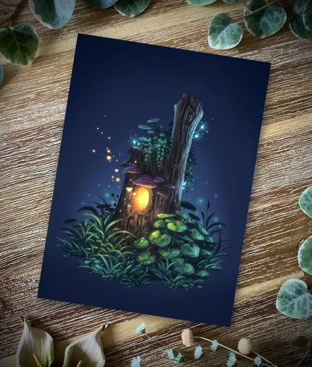 A photo of the same digital painting as a print, placed on a wooden table and surrounded by leaves and flowers for decoration.