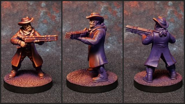 A collage of a painted miniature in stylised red and purple showing the change from warm light to cold shadow.