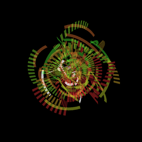 abstract spherical composition of colored arcs, solid and striped, in space, on a black baground