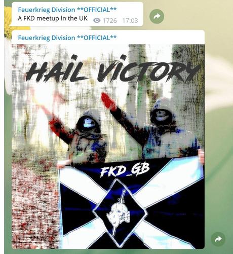Symbolbild. Screenshot TG-Post GFeuerkrieg-Division; zwei maskierte Kalten Flagge mit SS Totenkopf und zeiegn Hitlergruß