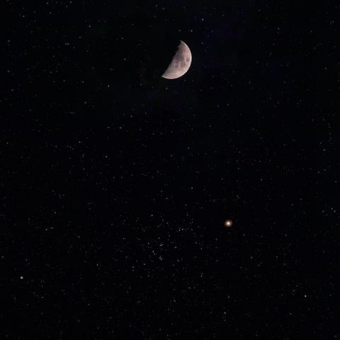 A half-moon is visible in a dark night sky filled with numerous stars and a single bright planet below the moon.