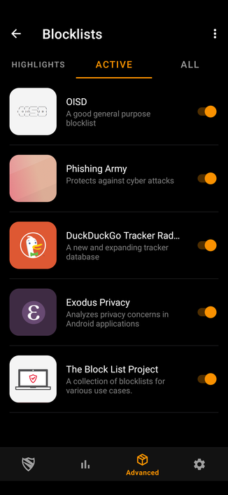 Screenshot showing the five blocklists I've enabled on my phone, one of which is the DDG Tracker Radar.  Several other lists are available