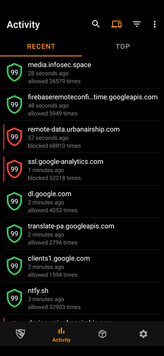 Screenshot showing recent DNS lookups that apps or the OS have attempted.  Lookups that Blokada allowed are shown with green shields; those it blocked in red.  For each attempt, the listing shows the domain name, a timestamp and the number of times this domain name has been looked up, but not the name of the app that attempted it.