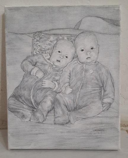 a black and white illustration of twin boys, hey are babies in pajamas, one leaning its head against the other's shoulder, looking a the viewer