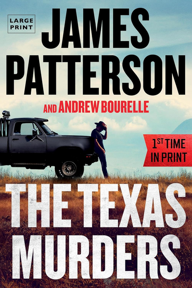 Book cover. James Patterson, The Texas Murders 
A 4x4 truck, and a man leaning his  back into it, holding a cowboy hat on