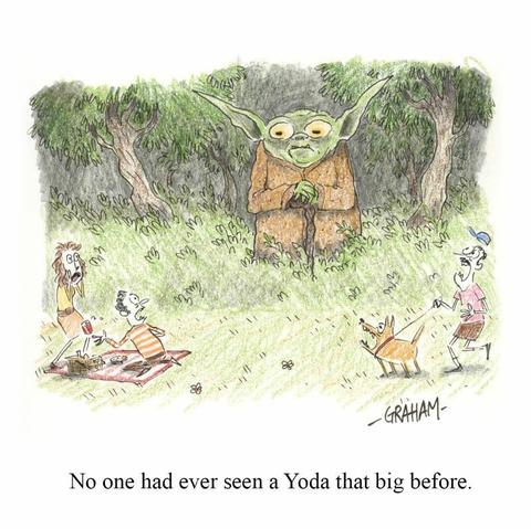 A cartoon illustration of a very large Yoda appearing in a public park, shocking all the people around. Caption reads "No one had ever seen a Yoda that big before."