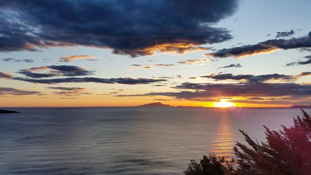A wide shot captures a vibrant sunset over a calm ocean. The sun, a bright orange orb, sits just above the horizon, casting a shimmering golden reflection on the water. Dark, dramatic clouds with golden edges fill the upper part of the sky, contrasting with the lighter hues near the horizon. A distant landmass is visible on the horizon line. In the foreground, dark green foliage occupies the lower right corner.