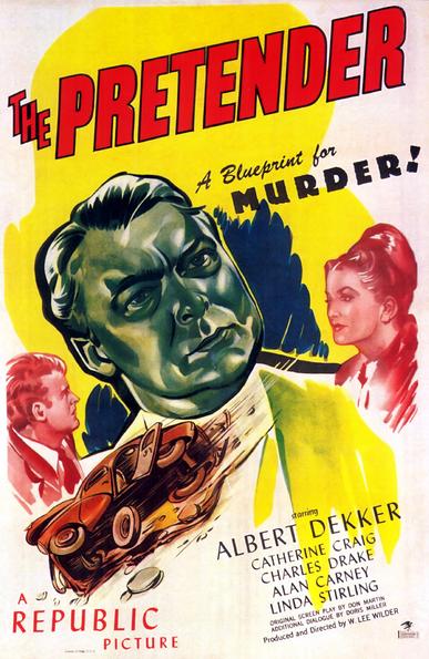 Stylised, painterly images of a man's face in green tones, dominating the poster, with a man and a woman on each side in red tones looking toward the centre; a wrecked car. 

Poster for the 1947 movie “The Pretender” starring Albert Dekker, Catherine Craig, Charles Drake, Alan Carney.


Poster for the 1947 movie “The Pretender” starring