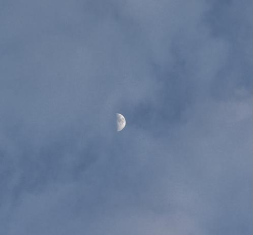 In der Mitte des Bildes zeigt sich hell der Halbmond rechtsseitig. Umgeben ist er von fluffigen hellen weißen zarten Wolken vor nachtblauem hellen Himmel.