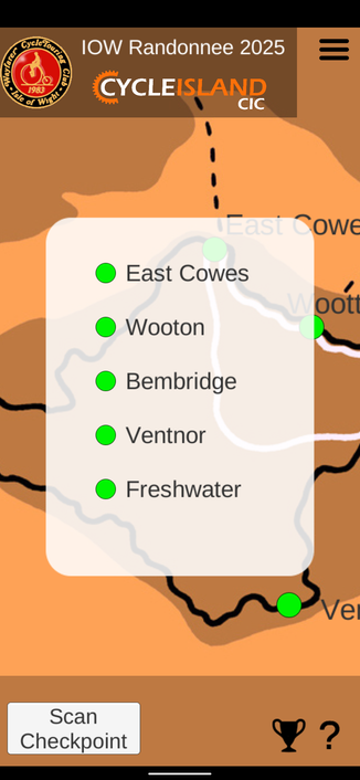 Screenshot of the IOW Randonnée app showing all controls completed.