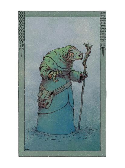 Illustration of a reptilian wizard with a mnechanical arm and a staff.