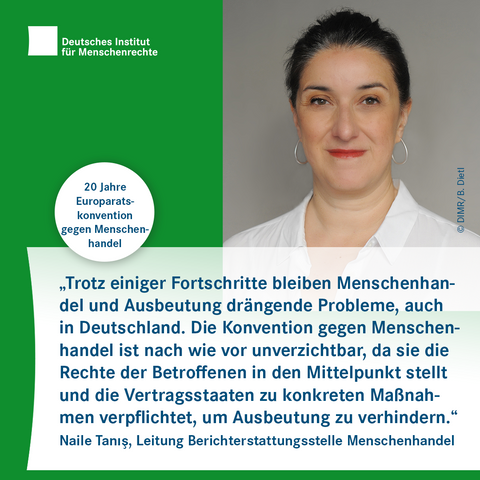 Porträtfoto mit dem Text: 20 Jahre Europaratskonvention gegen Menschenhandel. Darunter das Zitat: „Trotz einiger Fortschritte bleiben Menschenhandel und Ausbeutung drängende Probleme, auch in Deutschland. Die Konvention gegen Menschenhandel ist nach wie vor unverzichtbar, da sie die Rechte der Betroffenen in den Mittelpunkt stellt und die Vertragsstaaten zu konkreten Maßnahmen verpflichtet, um Ausbeutung zu verhindern.“ Naile Tanış, Leitung Berichterstattungsstelle Menschenhandel